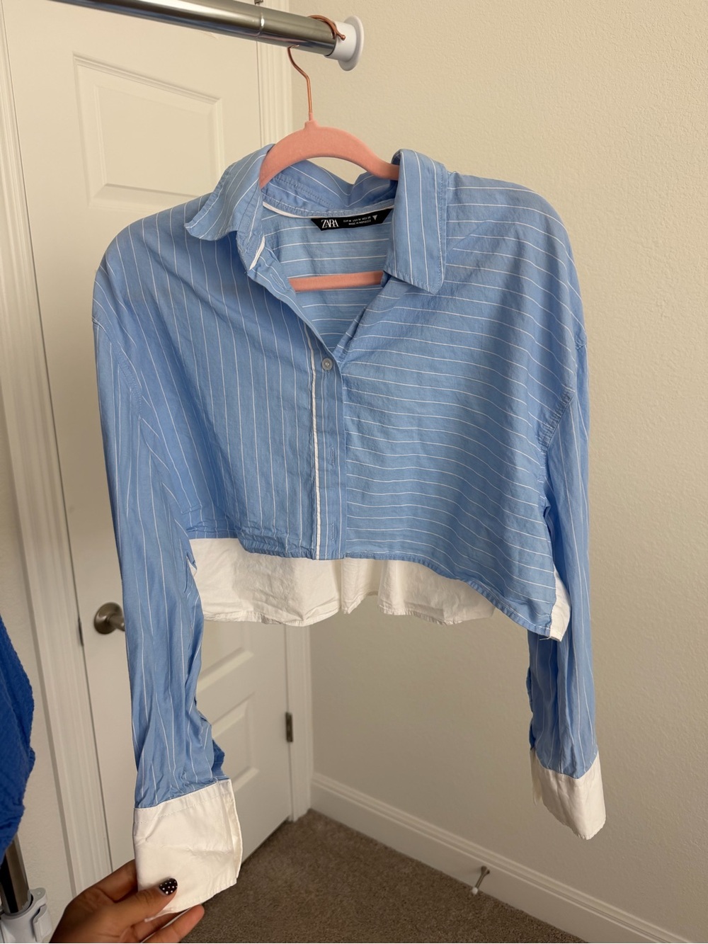 ZARA Light Blue Pinstripe Cropped Button-Down with White Trim